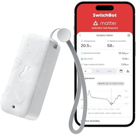 SwitchBot IP65 Hygrometer Thermometer Innen Außen, Bluetooth Thermometer con Taupunkt/VPD/Absolute Feuchtigkeitssensor, Außenthermometer, Datenspeicherung für Gewächshaus Weinkeller