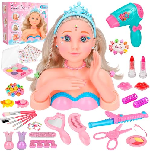 MOMOSTAR Frisierkopf Kinder Set, 62 Stück Schminkkopf und Frisierkopf für Mädchen, Schminkpuppe mit Kinderschminke Friseur Zubehör Nagellack, Frisierpuppe Geschenk für Mädchen ab 3 4 5 6 Jahre