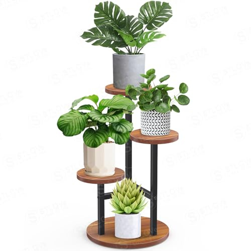 STLOVe Pflanzenregal, Blumenständer, 3 Etagen Blumenregal, Pflanzenständer, Blumentreppe für Zimmerecke Wohnzimmer Balkon Terrasse Fenster Garten Hof, 53.5cm Höhe - Metall Mahagoni