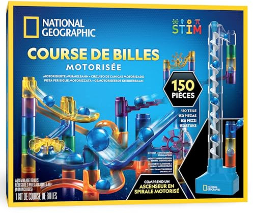 Blue Marble NATIONAL Geographic Murmelbahn mit Motoraufzug – 150-teiliges Set mit motorisierter Spirale, 30 Glasmurmeln, Aufbewahrungstasche & Zubehör, Endlosschleifen-Spiel, Mint-Bausatz für Kinder