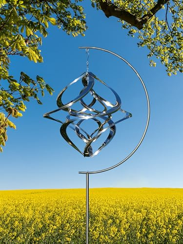 Pommerntraum ®| Edelstahlwindspiel Double-Twister Edelstahlständer Rostfrei | Windspiel Edelstahl Winddancer Gartenstecker Gartenkunst Ständer Sonnenfänger Hurrikan Windskulptur (40 cm ohne Kristall XXL)