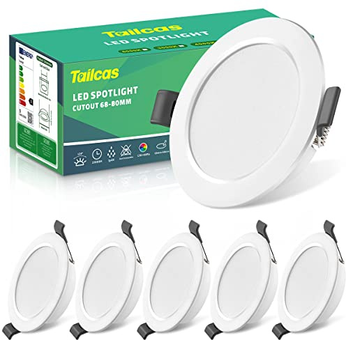 Tailcas LED Einbaustrahler 230V, 5W Flach LED Spot IP44 6er Set 4000K | 68-80mm EinbauØ Deckenspots Einbauleuchten Neutralweiß 450LM, Einbautiefe 25mm Deckenstrahler für Badezimmer Wohnzimmer Küche