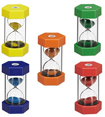 Relaxdays Sanduhren 5er Set XXL für Kinder, Timer, 1/5/10/15/30 Minuten, Kunststoff, Glas, bruchsicher, bunt