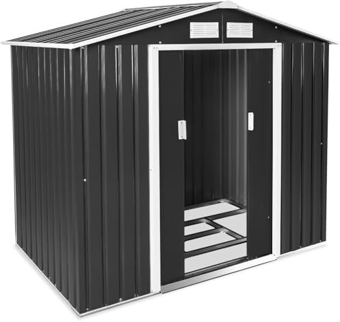 tectake® Metall Gartenhaus mit Satteldach, Geräteschuppen Garten mit Schiebetür, Gerätehaus mit Metallfundament, als Gartenschuppen, Gartenhütte oder Fahrradgarage, 4 m³ Lagerfläche - grau/weiß