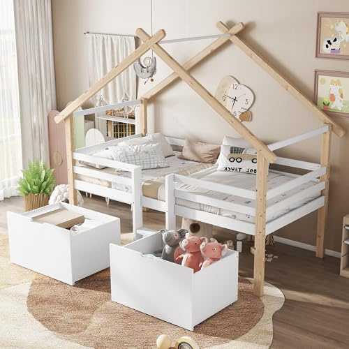 Merax Kinderbett 90x200cm, Hausbett mit 2 Schubladen & Kleine Leiter, Holzbett mit Rausfallschutz, Dach & Lattenrost, Stabiles Bettenhaus mit Vierseitiger Zaun, Halbhohes Bett für Mädchen/Jungen, Weiß