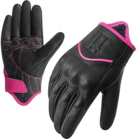 Harssidanzar Damen Vollfinger Ziegenleder Leder Touchscreen Motorradhandschuhe GL016EU,RosaSchwarz,Größe M