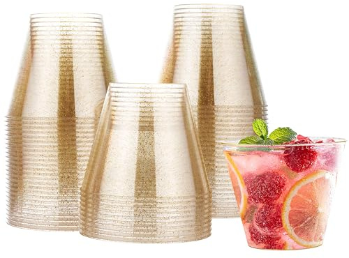 MATANA 120 Hartplastik Partybecher mit Goldglitter, Plastikbecher Gold (255ml / 8.6oz) - Mehrweg Kunststoffbecher, Cocktailgläser - Dessertbecher für Geburtstage, Hochzeiten & Partys