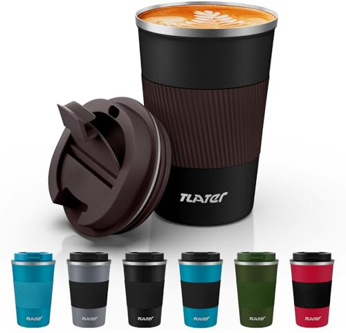 Tlater Kaffeebecher to go, 380ml Thermobecher- Isolierbecher mit Auslaufsicher Deckel, Vakuum Doppelwandig Reisebecher, Edelstahl Travel Mug für Kaffee und Tee, Heiß und Kalt Halten (schwarz)