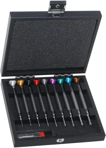 KD89 Horotec MSA01.218-A – Sortiment mit 9 Uhrmacher-Schraubendrehern in Holzkoffer, mehrfarbig