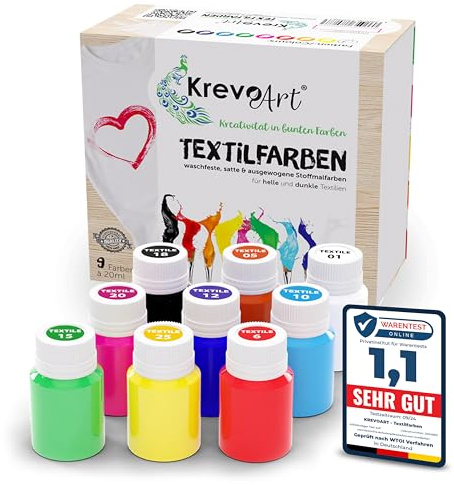 Krevo Art Stoffmalfarben Textilfarben Waschfest | Set aus 9 x 20ml Stofffarben in Fläschchen | Zum Bemalen von verschiedenen Textilien
