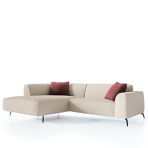 Newroom Sofa Couchgarnitur Ecksofa Links Couch Beige - Stilvoll Bequem mit Cord Stoff - Füße Metall Schwarz - (B/H/T) 270x78x180 cm