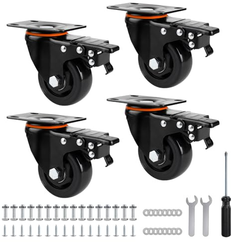SWAWIS 4Pcs Lenkrollen mit Bremse, Schwerlastrollen 75mm mit Montagezubehör, Möbelrollen Schwerlast Polyurethan(PU), 360°Drehbar Strandkorbrollen 480KG, Rollen für Möbel Trolley Tisch Schrank
