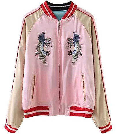 Viport Damen Wendejacke Kranichtiger Fujiyama Stickerei Bomberjacke Japanischer Stil Pink Blau - Schwarz - Medium