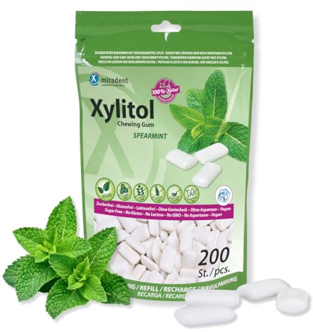 miradent Xylitol Zahnpflegekaugummi Vorteilspackung 200 Stück | Spearmint | erfrischender Geschmack | zuckerfrei | vegan | kariespräventiv | für unterwegs