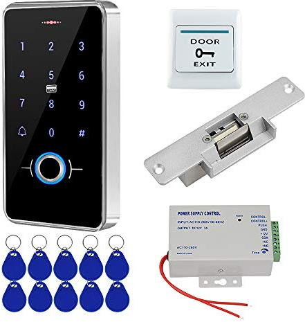 FST Kit Türzugangskontrollsystem Set Biometrie Fingerabdruck IP68 Wasserdichte RFID-Tastatur + Netzteil + NC-ausfallsicheres Elektrisches Schlagschloss + 10 Stück 13,56 MHz RFID Keyfobs