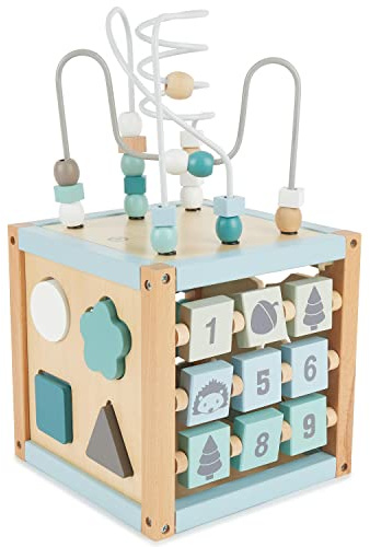 Bieco Motorikwürfel XXL Scandi-Chic | Motorikspielzeug ab 1 Jahr | Activity Center Baby Spielzeug 1 Jahr | Holz motorikschleife ab 1 Jahr Baby