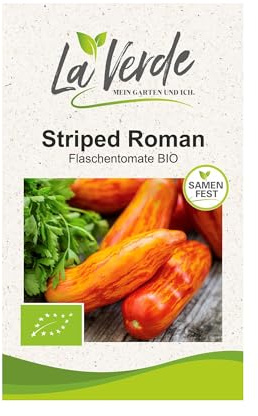 La Verde MEIN GARTEN UND ICH. Striped Roman BIO Tomatensamen für ca. 6–8 Pflanzen, aromatische Flaschentomate, gestreift, Saatgut ohne Gentechnik