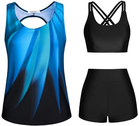 JASAMBAC 3-teiliger Tankini Damen Bauchweg, Push-up-Bikinioberteil und High Waist Badeshorts, einfache Badebekleidung, Damen-Sport-Badeanzug, Bademode für Schwimmbad, Strand