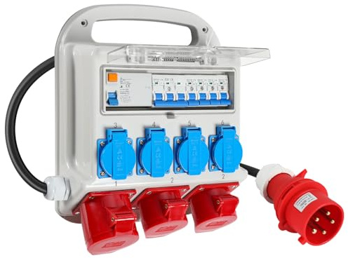Hebitod Wandverteiler, 2 x CEE 400V/16A + 4 x 230V Schuko IP44 5-poliger Verteiler, Baustellenverteiler 32a, mit kabelsicherem Klappdeckel, mit RCCB-Schalter, mit 1,2 m Zuleitung, für Baustellen
