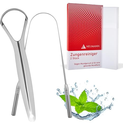 NEUMANN® Zungenreiniger 100% Edelstahl mir Box - 2 Stück für Erwachsene & Kinder - Großer Griff, Zungenschaber Gegen Mundgeruch