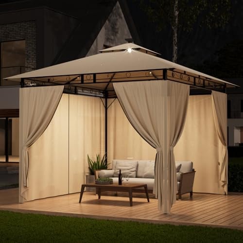 TRIUMPHKEY Pavillon 3x3 Wasserdicht Stabil Winterfest, Garten Pavillion mit seitenwänden, UV-Schutz 50+, Plane Gartenlaube, Metallrahmen Pavillon, Patio Gazebo, Beige mit LED