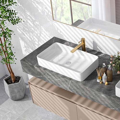 GIANTEX Aufsatzwaschbecken Eckig, Bad Waschbecken Keramik weiß, Handwaschbecken mit Pop-up-Ablauf, Waschbecken 60 cm breit, Waschschale Aufsatzbecken für Badezimmer & Gäste-WC