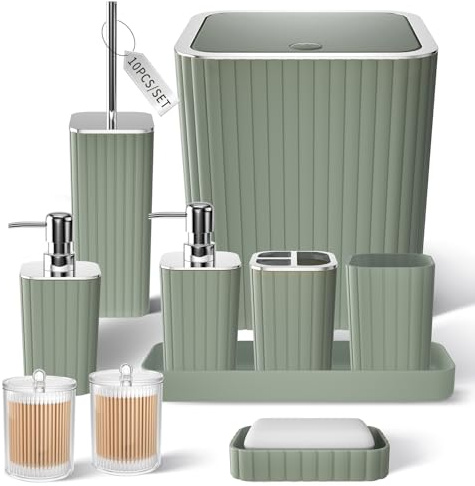 XLHOMO Badezimmer-Zubehör-Set – wunderschönes Salbeigrün Badezimmer-Set, 10-teiliges Badezimmer-Zubehör-Set, WC-Bürste, Mülleimer, Qtip-Halter Spender und Seifenspender