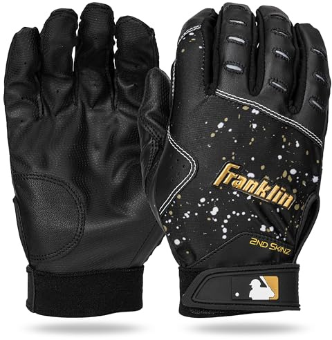 Franklin Sports MLB Schlaghandschuhe – 2nd Skinz Drip Baseball + Softball-Schlaghandschuhe – Erwachsene + Jugendliche Premium-Lederpaar – Schwarz + Gold – Erwachsene Größe M