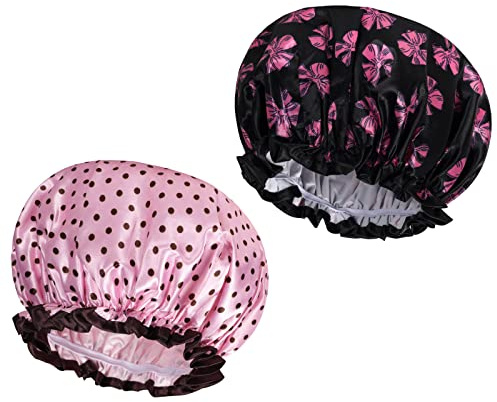 AOOWU Satin Duschhaube, 2 Stück Wasserdichte Elastische Shower Cap, Wiederverwendbare Doppellagige Schlafhaube für Locken Damen und Mädchen Zuhause Hotel Reisen(Rosa+Schwarz)
