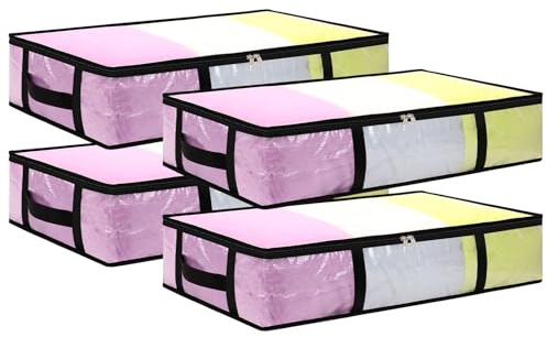 Dntorx 4 Stück 60L Unterbett Aufbewahrungsbox mit Deckel, Transparente Unterbettkommode Faltbare Aufbewahrungstasche mit Griff, Unterbett Aufbewahrung für Bettdecken Kissen Kleidung Aufbewahrung