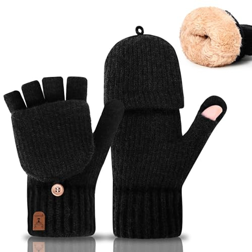 Gucass Fingerlose Handschuhe mit Kappe, Winter Flip Handschuhe für Damen Herren, Warm Strick Halbfingerhandschuhe mit Alpakawolle, Touchscreen Winterhandschuhe für Laufen Radfahren Fahren, Schwarz