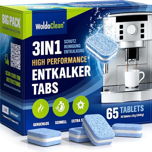 WoldoClean 3in1 Entkalkungstabletten Kaffeevollautomat & Kaffeemaschine - 65 Stück Entkalker Tabs, kompatibel mit Siemens EQ Series, DeLonghi, Jura, Philips, Miele, Bosch