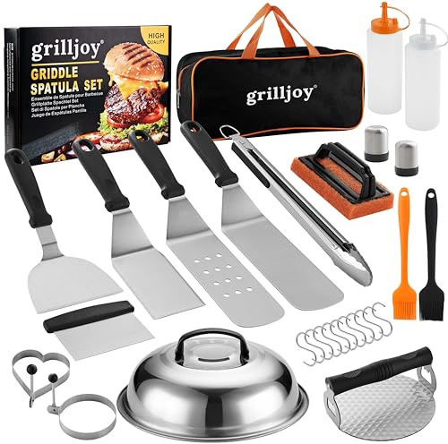 Grilljoy Plancha Zubehör Set, 28-teilig Edelstahl, für Indoor und Küche | Smash Burger Set mit Grillspachtel & Burgerpresse, Outdoor Camping Garten BBQ Grill Besteck, Geschenk Set für Männer
