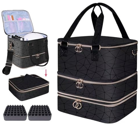 GUXLXAR Nagellack Aufbewahrung Make Up Koffer für 84 Nagellackflaschen und 1 LED-Nagellampe,Make Up Organizer Tasche Nageldesign Zubehör Makeup Tasche, Nagellack Organizer（Schwarz）
