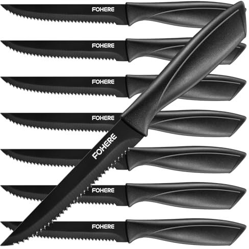 FOHERE 8 Steakmesser Set, Schwarze Steakmesser mit Sägezahn, Edelstahl, Küchenmesser, Perfekt für Weihnachtsessen, Silvesterfeiern, spülmaschinengeeignet