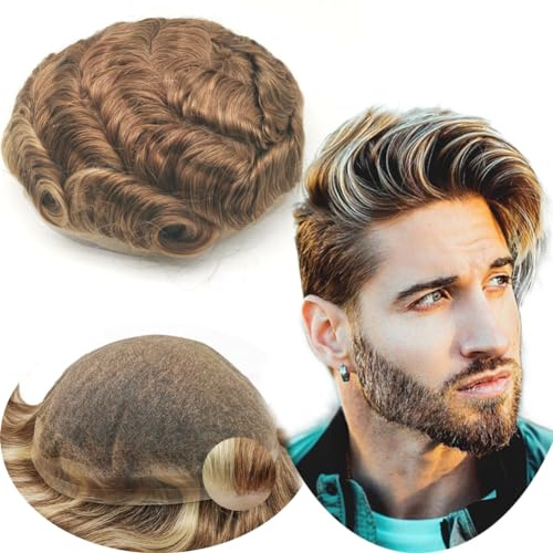 Echthaar Toupet für Männer,Yanahair Gewelltes Haar dünne französische Spitze Gebleicht Knoten natürlichen Haaransatz Perücken Haarsystem Europäische Toupet Perücke Mann(10x8,#4/27/613 blonde)