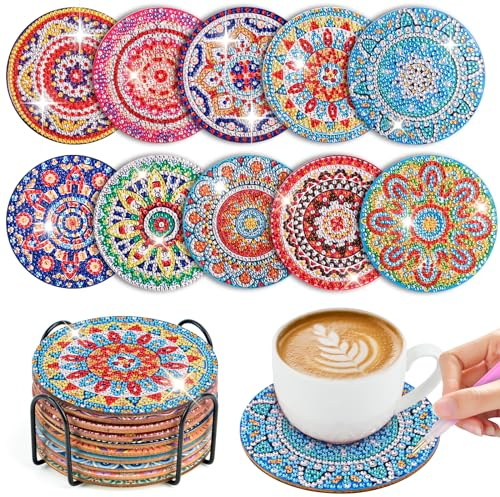 WuGU 10 STK Diamond Painting Untersetzer Mit Halter, Diamant Tassenuntersetzer, Diamond Painting Erwachsene zum Basteln, DIY 5D Mandala Untersetzer rutschfest für Anfänger, Erwachsene & Kinder