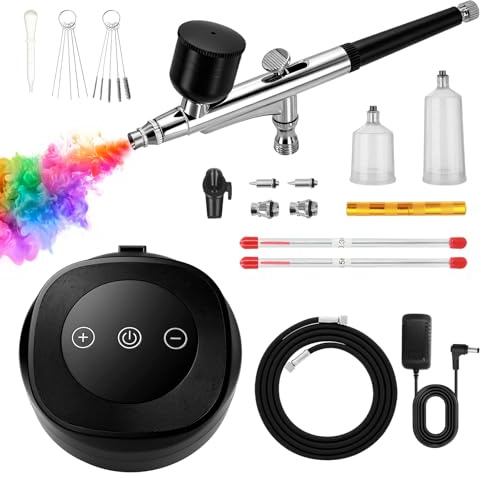 Ykall Airbrush Set mit Kompressor – 3 Druckstufen (25/38/48 PSI), Airbrush Pistole mit 3 Düsen (0,2/0,3/0,5 mm), für Modellbau, Nailart, Make-up, Tortendeko & Kreative DIY-Projekte (Schwarz)