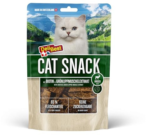 DeliBest Cat Snack aus 100% Schweizer Hirschfleisch I Katzen Leckerlies getreidefrei I halbfeuchte Leckerlies leicht verdaulich I Katzen Snack für Fellglanz I Allergiker geeignet I 45g