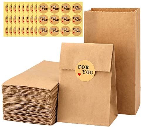 G2PLUS 100 Stück Klein Braun Papiertüten mit Aufkleber: 9x6x18 cm | Kraftpapier Geschenktüten, Papiersäckchen, Standbeutel für Geschenke, Adventskalender