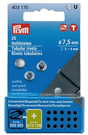 Prym 403170 Hohlnieten, ø 7,5/3-4 mm, Messing silberfarbig, 25 Stück für Vario Creative Tool, Silber