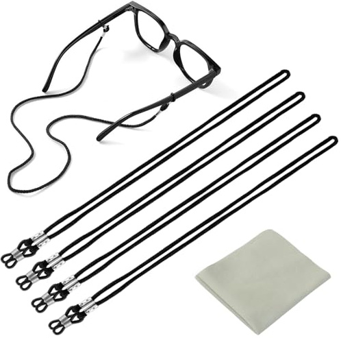 Qufiiry 4 Stück Brillenband, Brillenbänder Schwarz, Universal Brillenkette, Verstellbar Sonnenbrillen Kette Brillenschnur, Mit 1 Mikrofaser-Reinigungstuch,für Sonnenbrillen und Lesebrillen