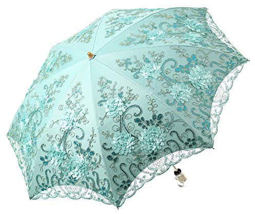 LCY Sonnenschirm Regenschirm,Regenschirm Uv-Schutz,Damen Spitze Sonnenschirm Brautschirm Taschenschirm-Grün