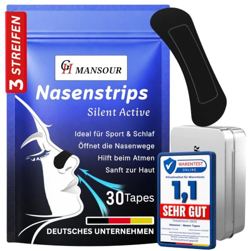 Premium Medizinische Nasenpflaster, Schwarz, 30x | Latexfrei, Nasenstrips gegen Schnarchen, Besser Atmen bei verstopfter Nase, Extra stark für Sport und Schlaf