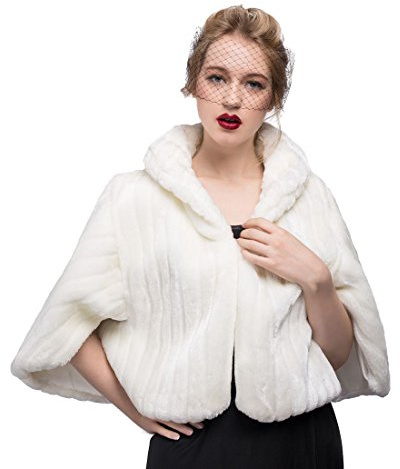 BEAUTELICATE Kunstpelz Bolero Cape Schal Damen Elfenbein Hochzeit Winter Braut Abend Brautschal Brautjacke, Elfenbein,