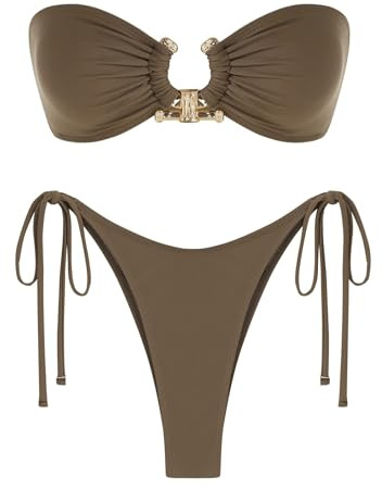 ZAFUL Metal Ring Bandeau Bikini-Set mit Bindebändern, Hochgeschnittenes 2-Teiliges Badeanzug-Set, Cutout-Schwimmbekleidung