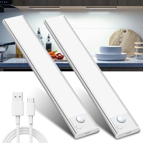 Schrankbeleuchtung Unterbauleuchte Küche LED Lampe - 20cm Bewegungsmelder Licht Akku Schrank Beleuchtung - Batterie Leuchte Schranklicht Lichtleiste Kabellos Leiste Küchen USB Light Aufladbar Dimmbar