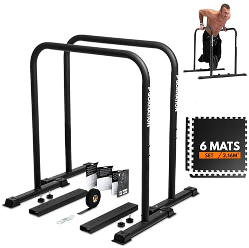 GORNATION Premium Dip Barren, Dip Stange, Verstellbares Calisthenics & Fitness Trainingsgerät mit rutschfesten Füßen, Dip Station für Home und Outdoor Workout Bars (Dip Bars + Bodenmatten)