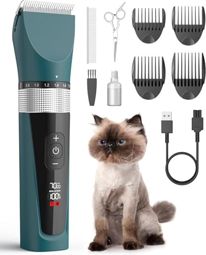 oneisall Schermaschine Katze Leise, Profi Haarschneidemaschine für langhaarkatzen, 5-Geschwindigkeiten Katzenrasierer mit LCD-Display, IPX6 Wasserdicht, Einfache Reinigung (Grün)