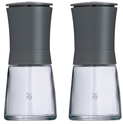 WMF Trend Mühlenset 2tlg, Salz- und Pfeffermühle unbefüllt, Glasbehälter, Keramikmahlwerk, Mühle für Salz und Pfeffer, Gewürze, spülmaschinengeeignet, grau